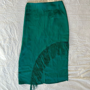 NWT New With Tags Le Lis - Grae Apparel Forest Green Satin Fringe‎ Midi Skirt XS